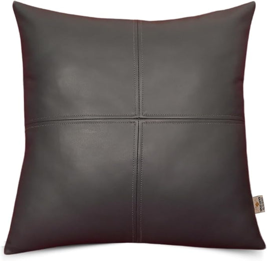 Lambskin Leather Pillow Cover, Hand Panel Stitched Leather Decorative Throw Pillow Covers for Couch Sofa Bed Living Room Garden (22x22 Inches, Dark Grey Pack of 1)