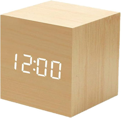 Digital Wooden Alarm Clock Bedrooms Clock with Temperature LED Display (No Battery) Wooden