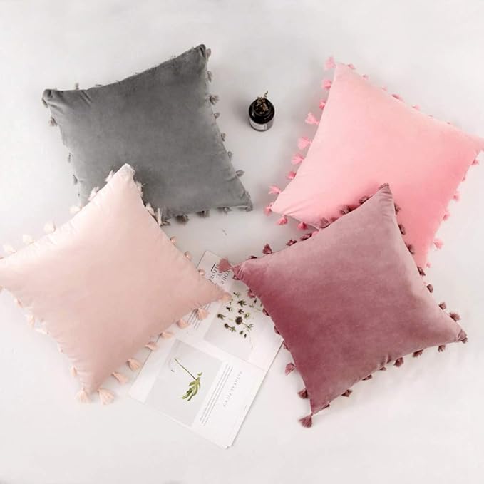 vctops Velvet Soft Solid Decorative Throw Pillow Cover with Tassels Boho Accent Cushion Case for Couch Bedroom Car Baby Pink 18''x18''