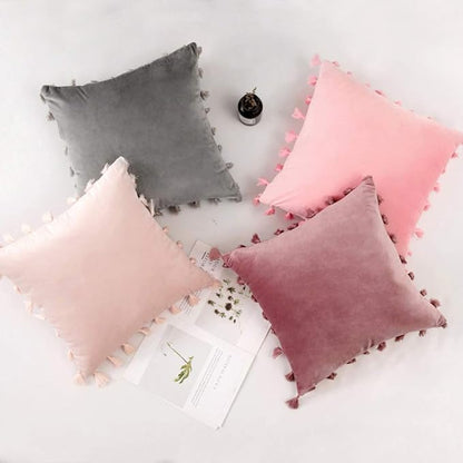 vctops Velvet Soft Solid Decorative Throw Pillow Cover with Tassels Boho Accent Cushion Case for Couch Bedroom Car Baby Pink 18''x18''
