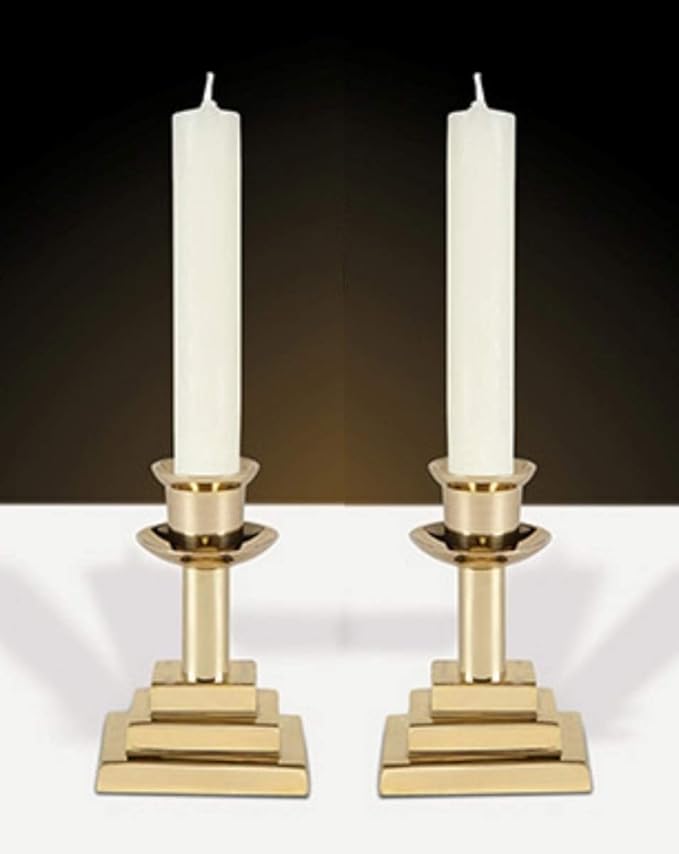 CB Church Supply Candle Holders Square Base Candlesticks by Will & Baumer, Set of 2, Polished Brass