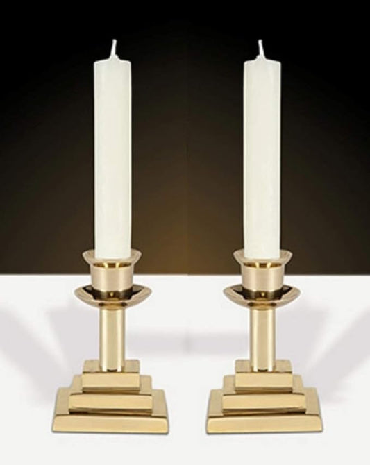 CB Church Supply Candle Holders Square Base Candlesticks by Will & Baumer, Set of 2, Polished Brass