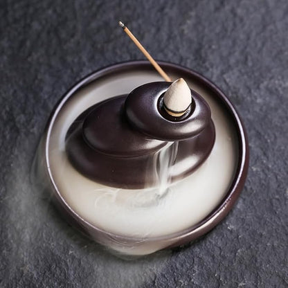 Zen Backflow Incense Burner, Ceramic Waterfall Incense Holder for Cone & Stick Incense, Handmade Three-Stone Design Aromatherapy Decor for Home, Yoga, Meditation, Relaxation