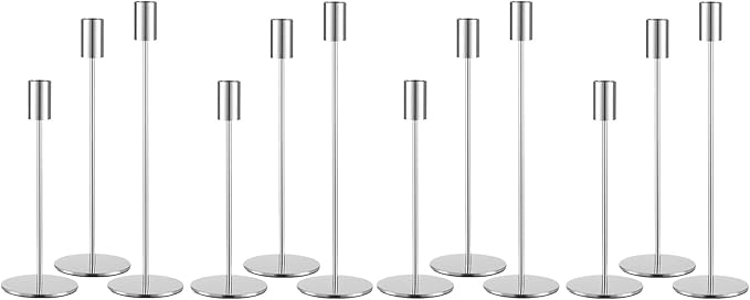 Set of 12 Silver Taper Candle Holders, Tall Candle Holder, Metal Silver Candlestick Holders, Fits 3/4 inch Thick Candle&Led Candles, for Table Centerpiece, Wedding, Dinning, Party Home Decor