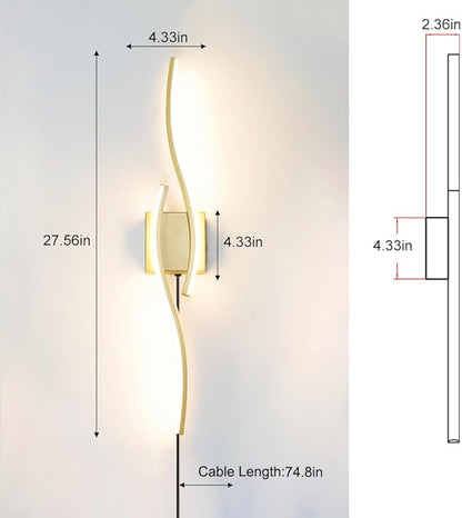 Modern Gold Plug in Wall Sconce Set of 2, Indoor Dimmable Light Fixture with Plug in Cord for Living Room, LED Sconces Lighting with Remote Control, Wall Lighting Decor for Hallway Bedroom