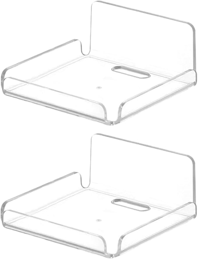 Saycker 2 Pack Clear Acrylic Floating Shelves, Wall Mounted, No Drill, Space Saving, Transparent, Secure Mounting, Easy Installation, Cable Management, Bathroom Office Home