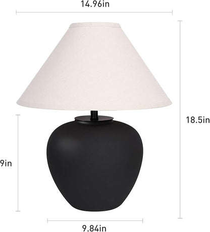 Ceramic Pot Table Lamp 18.5 inch Circular Frosted Nightstand Lamp, Tapered Fabric Shade Bedside, Ceramic Decorative for Living Room Bedroom House Office Entryway, TL1