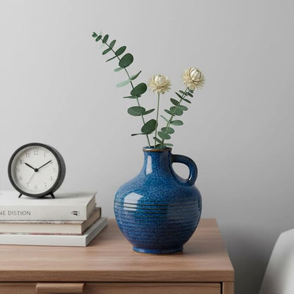 Sunddo 6 Inch Blue Ceramic Vase - Small Rustic Vases for Home Decor, Pitcher Modern Flower Vase for Bookshelf and Bathroom Decor, Nightstand, Dining, Centerpiece Table Decorations