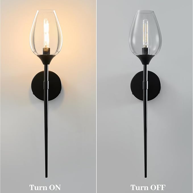 Black Glass Wall Sconce Light: Modern Decorative Sconces Lights over Mirror - Brushed Brass Bathroom Vanity Lighting with Flower Shade Set of 2 - Indoor Glass Wall Mount Lamp for Bedroom Living Room