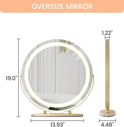 IDEALHOUSE 19 inch Makeup Mirror with Lights, Vanity Mirror with Smart Touch Control 3 Colors Dimmable Lights, 360°Rotation Gold Vanity Mirror for Bedroom, Tabletop and Desk Mirror