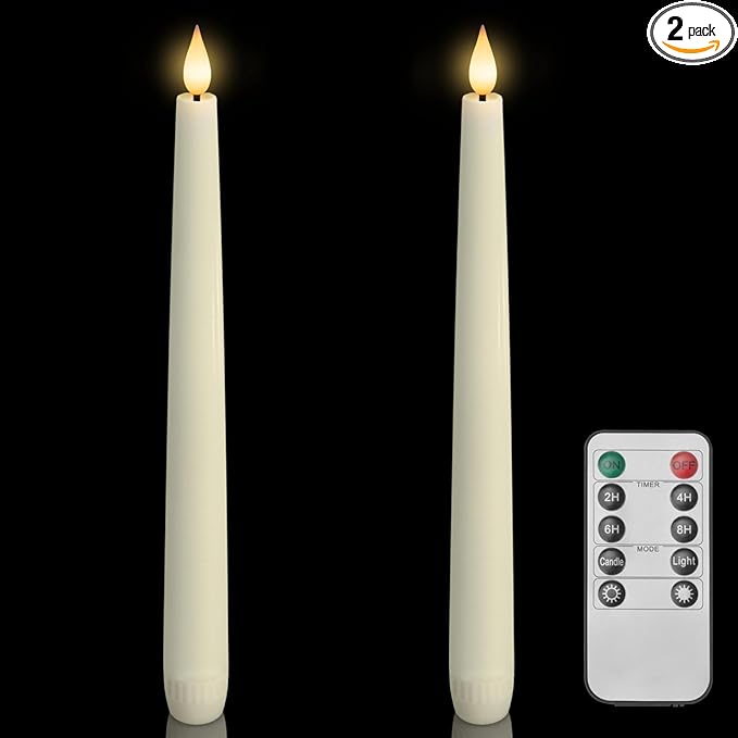 Homemory 2 Pcs Waxy Flameless Taper Candles with Remote, Flickering Battery Operated Taper Candle, Led Flameless Candlesticks Classic Tall Candles for Home, Wedding, Party, Ivory, 9.6 inches