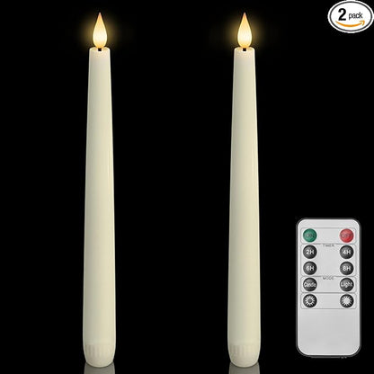 Homemory 2 Pcs Waxy Flameless Taper Candles with Remote, Flickering Battery Operated Taper Candle, Led Flameless Candlesticks Classic Tall Candles for Home, Wedding, Party, Ivory, 9.6 inches
