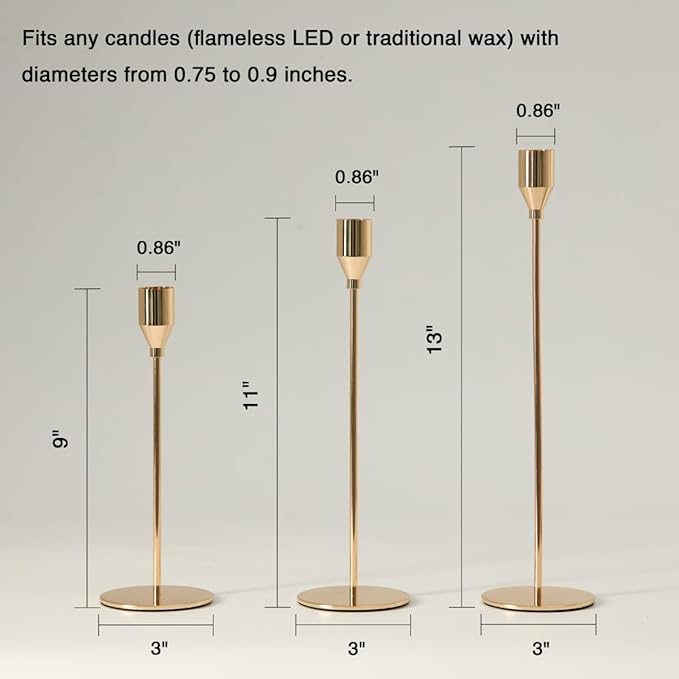 Solid Taper Candle Holders Set of 3, Champagne Gold Long Skinny Candlestick (Heights: 9/11/13 Inch), Heavy Iron Anti-Slip Base for Fireplace Mantle Table Centerpiece Christmas Decor
