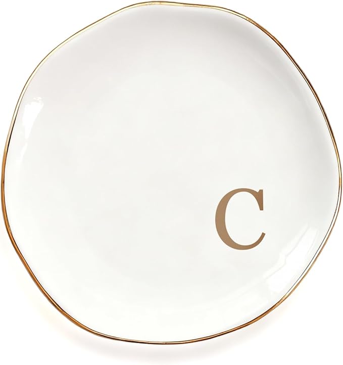 Fmeida Ceramic Jewelry Trays, Small Jewelry Tray Dish Initials Ring Dish for Women, Monogrammed Gifts for Birthday Wedding Valentines Christmas, 4.5", Rose Gold C