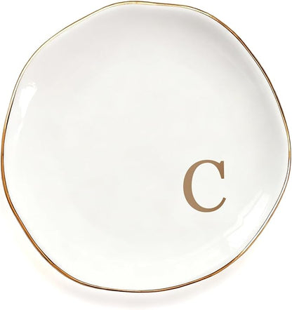 Fmeida Ceramic Jewelry Trays, Small Jewelry Tray Dish Initials Ring Dish for Women, Monogrammed Gifts for Birthday Wedding Valentines Christmas, 4.5", Rose Gold C