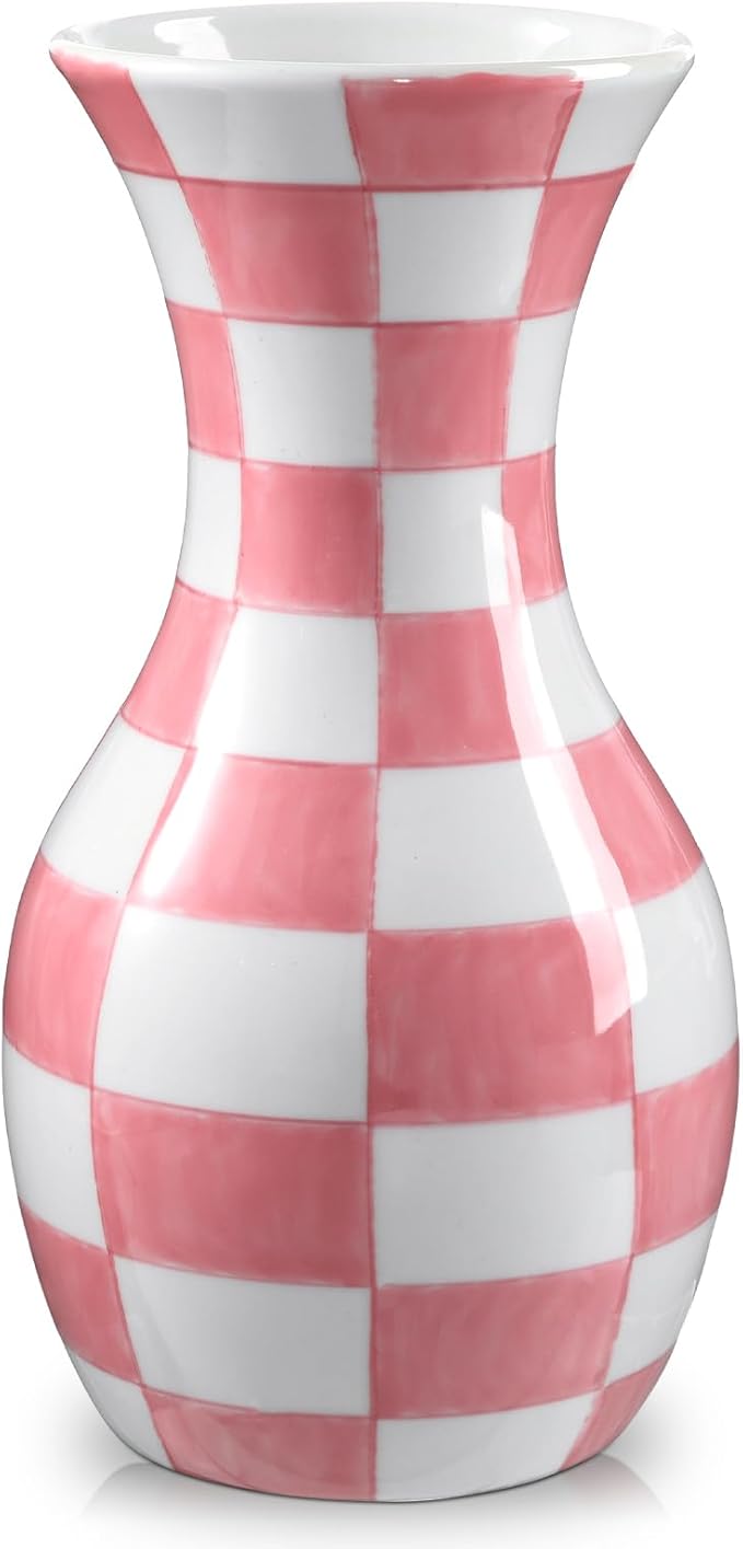 Pink and White Ceramic Vase, 11" Tall Pink Checkered Vase in Wide Mouth, Large Decorative Flower Vases for Decor Living Room, Table Centerpiece, Dining Room, Entryways, Wedding Decor, Porcelain Vase