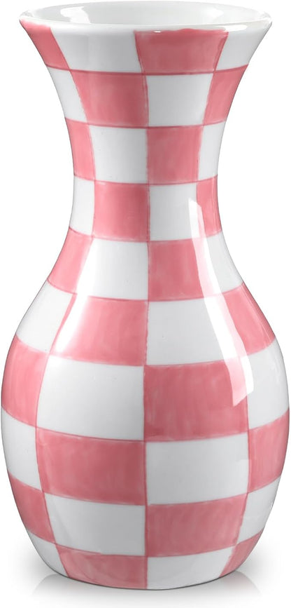 Pink and White Ceramic Vase, 11" Tall Pink Checkered Vase in Wide Mouth, Large Decorative Flower Vases for Decor Living Room, Table Centerpiece, Dining Room, Entryways, Wedding Decor, Porcelain Vase