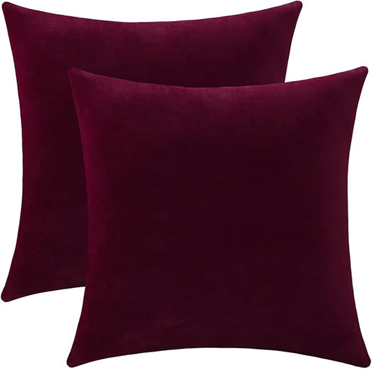 Jeneoo Set of 2 Comfy Soft Thick Velvet Throw Pillow Covers for Sofa Couch Decorative Solid Square Cushion Cases for Bedroom Car (14 x 14 Inches, Burgundy Red)