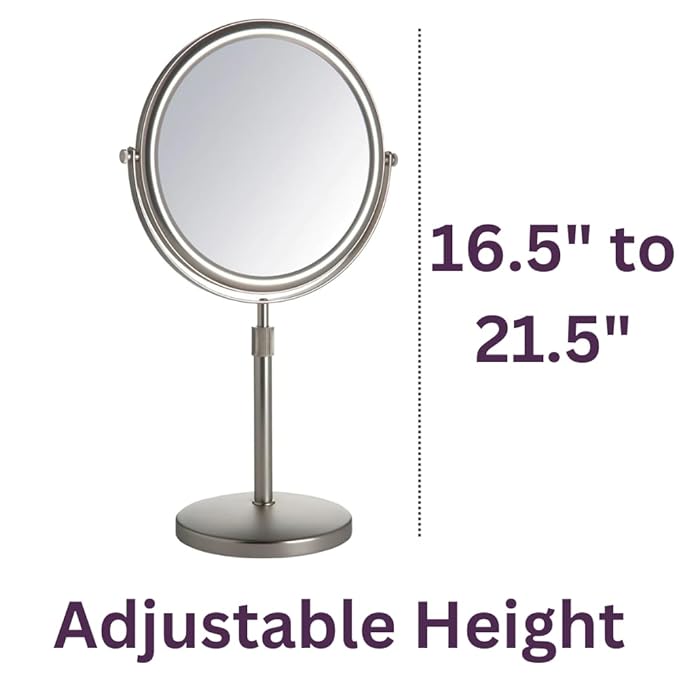 JERDON Two-Sided Tabletop Makeup Vanity Mirror - 5X-1X Magnification & Swivel Design - 9-Inch Diameter Mirror with Adjustable Height - Nickel Finish - Model JP4045N
