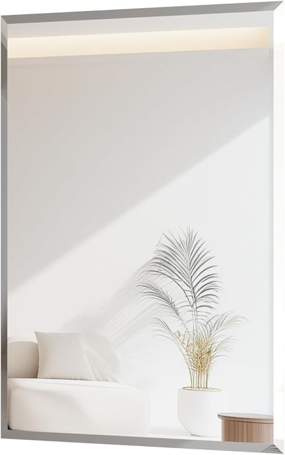 Frameless Rectangular Wall Mirror: Decorative Rectangle Mirrored Glass Vanity with Beveled Silver Edge for Bathroom Bedroom Livingroom Dining Room Entryway Hallway, 28 x 20 inch
