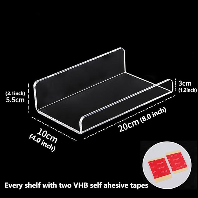 Bringsine Set of 2 Acrylic Floating Wall Shelves Hanging Shelves, Adhesive Wall Display Shelf Stand for Plant Pot, Speaker, Security Camera, Figures in Office and Home, 8 x 6 Inch