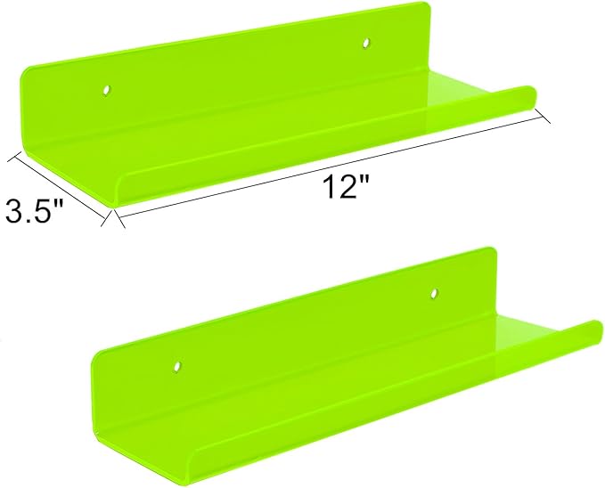 ROYALITA Small Acrylic Shelves Wall Mounted | Set of 2 | 12 Inches | Wall Hanging Plant Display Shelves, Room Decor Floating Wall Shelves for Gaming Room Bedroom, Living Room, Office, Green