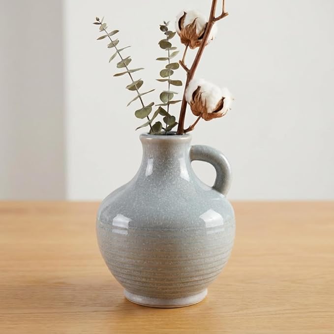 Sunddo Blue Ceramic Vases for Home Decor, 6 Inch Modern Decorative Vase with Handle, Small Flower Vase for Centerpiece, Entryway Living Room Dining Table Farmhouse Office Decor
