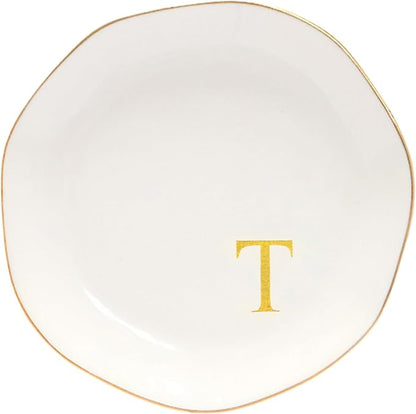 Ceramic Jewelry Tray Initial Ring Dish Personalized T-Monogrammed Engagement Wedding Gifts, for Birthday Mother's Day Christmas for Women, Ceramic White 4.75" (T)