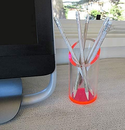 OfficeGoods Acrylic Pen & Pencil Holder - Modern Cylinder Design - Beautiful Desk Organizer for Home or Office - Contrasting Base & Rim - 5.25” H x 2.5” W - Neon Red
