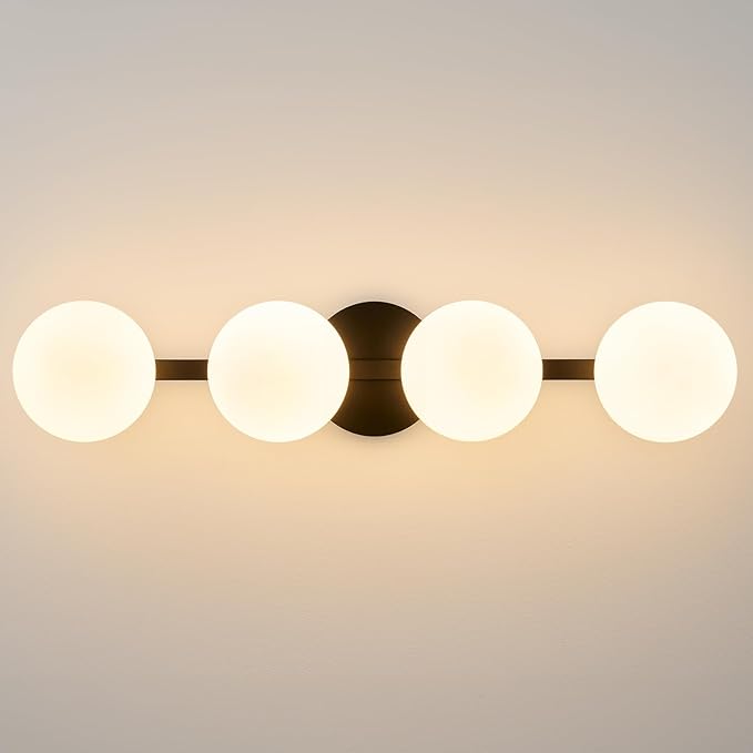 Bathroom Vanity Mirror Light Fixtures: 4 Lights Bath Wall Sconce Lighting - Black Vanity Lights with Milk Glass Shade - Modern Minimalist Makeup Light Fixture above Mirror for Hallway Bedroom E26 Base