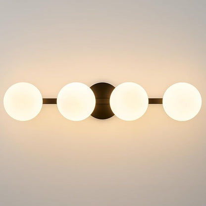 Bathroom Vanity Mirror Light Fixtures: 4 Lights Bath Wall Sconce Lighting - Black Vanity Lights with Milk Glass Shade - Modern Minimalist Makeup Light Fixture above Mirror for Hallway Bedroom E26 Base