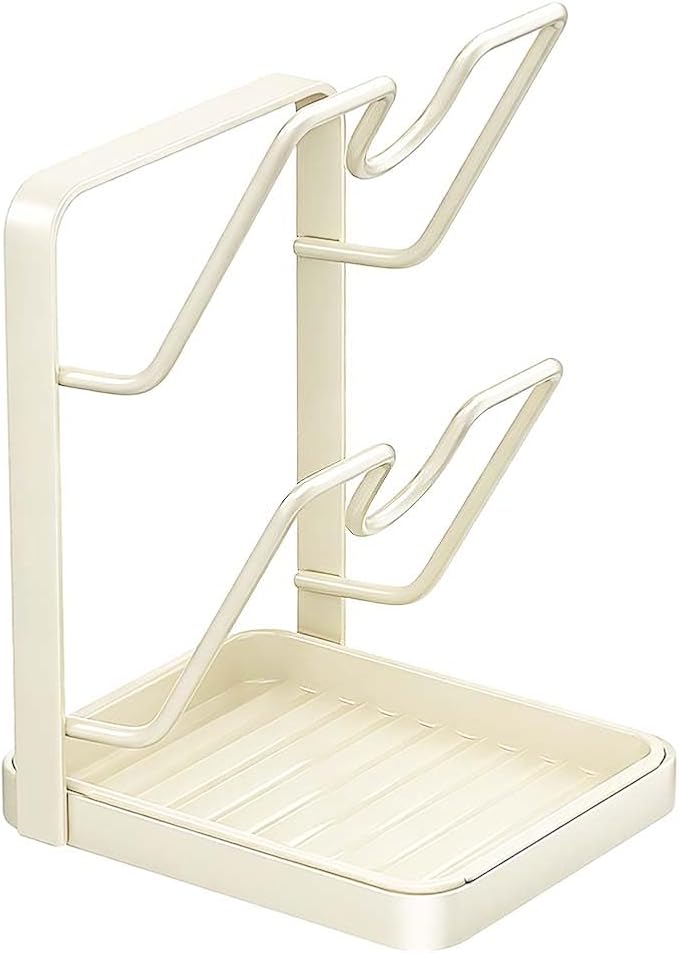 Kitchen Pot Lid Storage Rack – Thickened Steel Construction, Multifunctional Pan Lid Holder Organizer & Pot Lid Rack, Space-Saving Countertop Organizer (White 2 Layer)