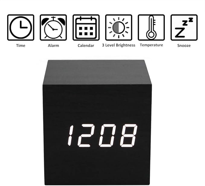 Lancoon Wooden Alarm Clock - Mini Cube LED Digital Clock with Time/Date/Temperature Display, 3 Levels Brightness and Voice Control Great for Home Office Travel - AC10Black_White