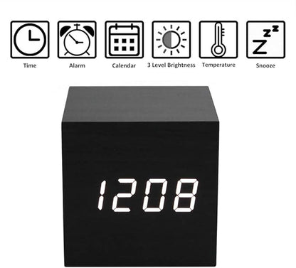 Lancoon Wooden Alarm Clock - Mini Cube LED Digital Clock with Time/Date/Temperature Display, 3 Levels Brightness and Voice Control Great for Home Office Travel - AC10Black_White