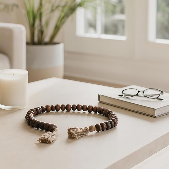 Sagebrook Home Rustic Wood Bead Garland with Jute Tassels - Decorative Farmhouse Beads for Coffee Table, Shelf, or Mantel - Natural Boho Accent for Home Décor - 1.25" Natural/Brown