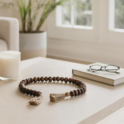 Sagebrook Home Rustic Wood Bead Garland with Jute Tassels - Decorative Farmhouse Beads for Coffee Table, Shelf, or Mantel - Natural Boho Accent for Home Décor - 1.25" Natural/Brown