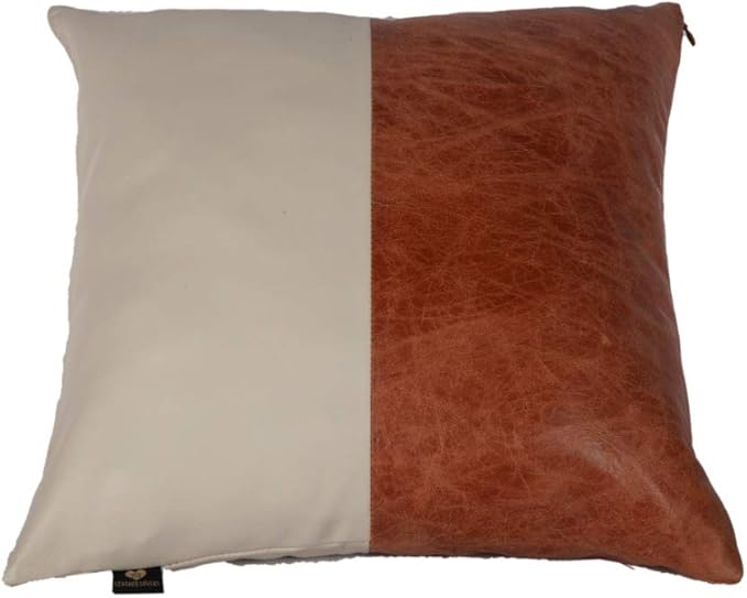 Lambskin Leather Pillow Cover - Sofa Cushion Case - Decorative Throw Covers for Living Room & Bedroom, 22x22 Inches - Tan & Beige Pack of 2