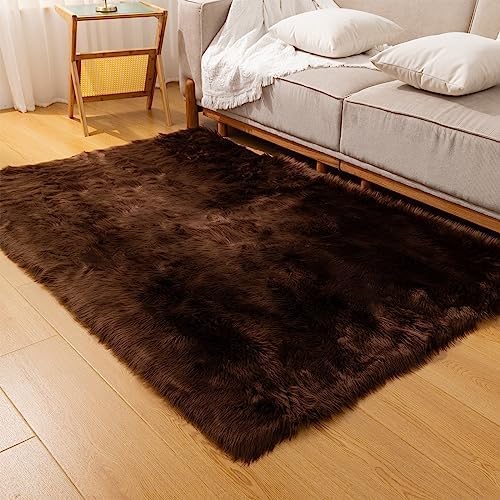 Fluffy Faux Fur Rug Coffee Sheepskin Area Rug,4x6 Ft Ultra Soft Shaggy Plush Rug for Bedroom Bedside Living Room Nursery Kids Room