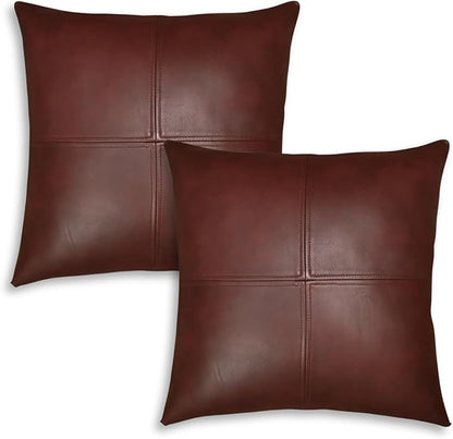 LL LEATHER LOVERS Lambskin Leather Pillow Cover, Hand Panel Stitched Leather Decorative Throw Pillow Covers for Couch Sofa Bed Living Room Garden (14x14 Inches, Deep Maroon Pack of 2)