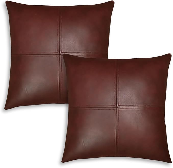 LL LEATHER LOVERS Lambskin Leather Pillow Cover, Hand Panel Stitched Leather Decorative Throw Pillow Covers for Couch Sofa Bed Living Room Garden (20x20 Inches, Deep Maroon Pack of 2)