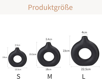 CEMABT Black Donut Vase Hollow Ceramic Vase for Flowers Handmade Minimalist Boho ins Style Modern Home Decor for Wedding Dinner Table Party Living Room Office Bedroom（M