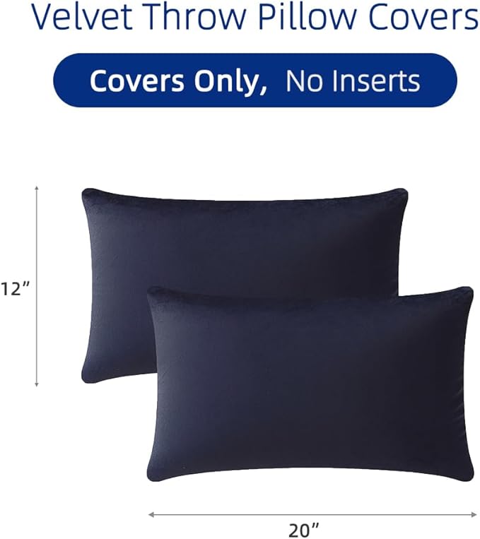 QUORGVES Navy Blue Velvet Pillow Covers 12x20 Inch Set of 2, Soft Solid Decorative Lumbar Throw Pillow Covers, Decor Cushion Covers for Bed Sofa Couch Bedroom Living Room - Dark Blue