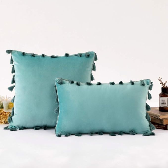 vctops Velvet Soft Solid Decorative Throw Pillow Cover with Tassels Boho Accent Cushion Case for Couch Bedroom Car Water Green 12''x20''