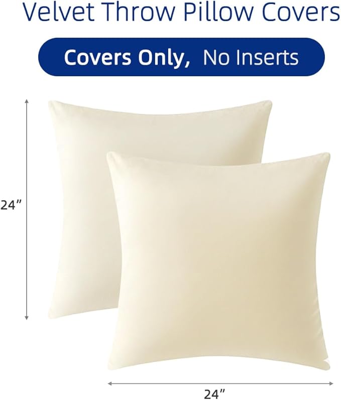 QUORGVES Cream Velvet Pillow Covers 24x24 Inch Set of 2, Soft Solid Decorative Square Throw Pillow Covers, Decor Cushion Covers for Bed Sofa Couch Bedroom Living Room - Off White/Ivory