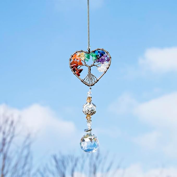 H&D HYALINE & DORA Suncatcher Window Hanging Tree of Life Heart Shaped Crystal Ball Prism Drop Pendant