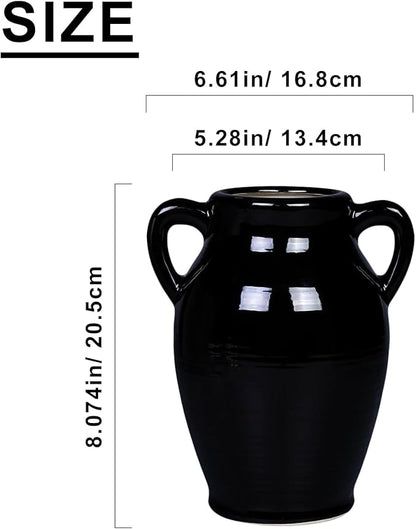 Sunddo Black Ceramic Vase - 8 Inch Modern Decorative Vase with 2 Handles, Black Centerpiece for Home Decor, Living Room, Kitchen Table, Mantle Fireplace, Bathroom Decor