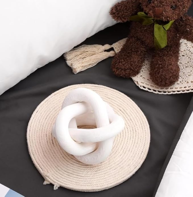 Wood Chain Link Decor 3-Link, 6 Inch Dia Hand Carved Decorative Knot, White/Wood Color, Coffee Table Decor, Country Style, Mom Gifts