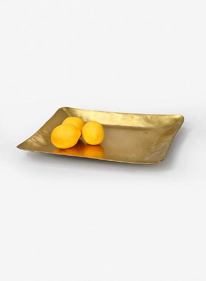 Serene Spaces Living Antique Square Raw Brass Tray, Hammered Decorative Metal Tray Use as Holder for Accessories, Candles, Jewelry, Centerpiece for Kitchen or Dining Table, 12.5" Square & 1" Tall