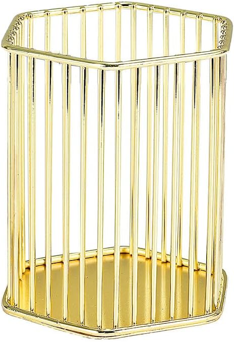Gold Metal Pen Holder for Desk - Heavy Duty Makeup Brush Organizer Cup with, Pencil Holder for Office & Home, Storage for Stationery/Cosmetics/Art Supplies, Matte Finish, 4.8 Inch (Hexagon)