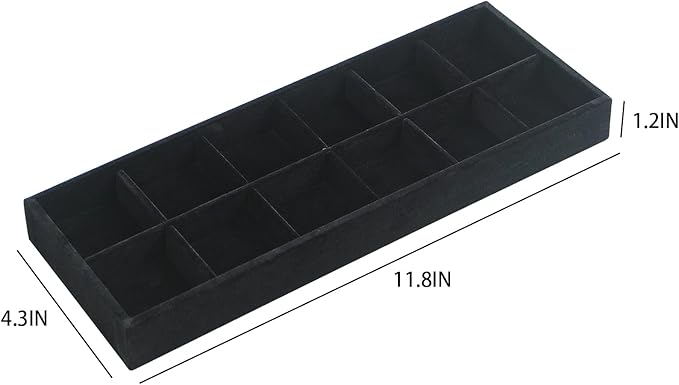 2Pcs Desk Drawer Storage Tray, Nightstand Organizer Tray, Necklace Bracelet Ring Earring Jewelry Display Tray, Grid Table Organizer Holder Tray for Sunglass, Phone, Watch, Perfume (12 grid)/Black